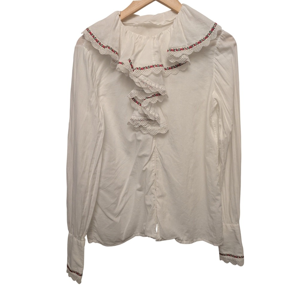 Vintage Style Jabot Ruffle Blouse Cherry Fruit Embroidery Lace Trim Cottagecore